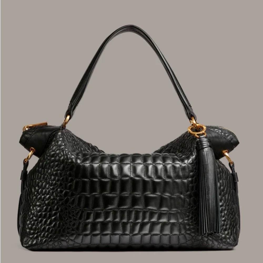 NWT Donna Karan Glenwood Quilted Croc Top Handle Satchel Tassel. Black Gold. - Picture 1 of 12